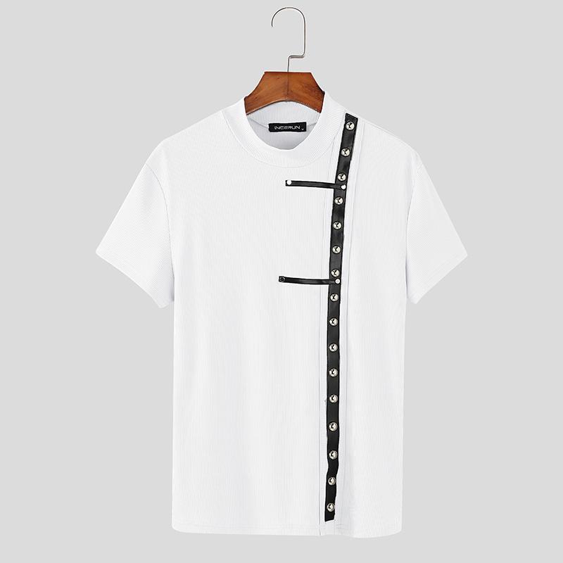 

INCERUN Летние мужские футболки с коротким рукавом и воротником-стойкой в рубчик с лоскутным узором 2XL