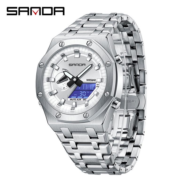 Sanda Octagonal Steel Band Multifunctional LED Light Watch for Men - TikTok Trendy Heartbeat Monitor Watch