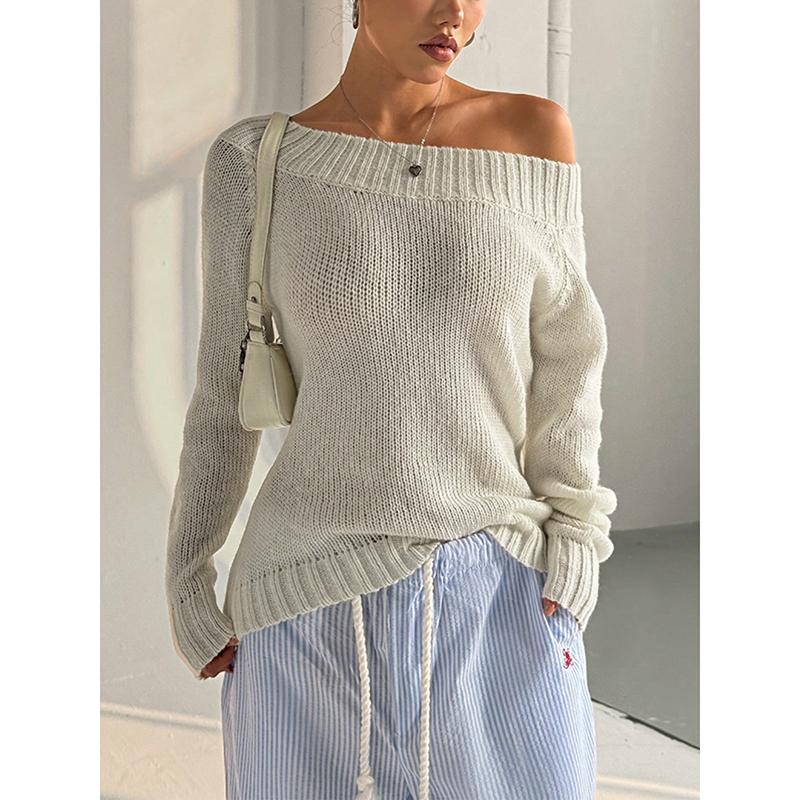 Women's Sweater Autumn Winter Ventilate Fashion Solid Color Rib Knit Long Sleeve One-Shoulder Casual Sweater