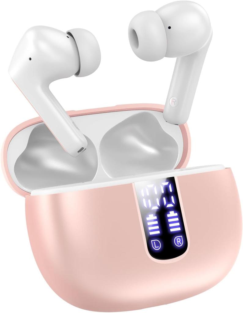 Wireless Earbuds with LED Charging Long Compact and Touch Automatic Single or Dual Use Display, Case, Playtime, Lightweight, Control, Pairing, (Pink)