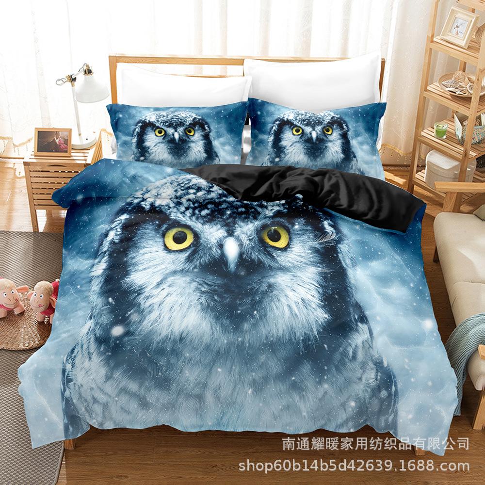 3D Digital Printing Bedding Four-Piece Set Three-Piece Set Owl Black Bed Sheet Quilt Pillow