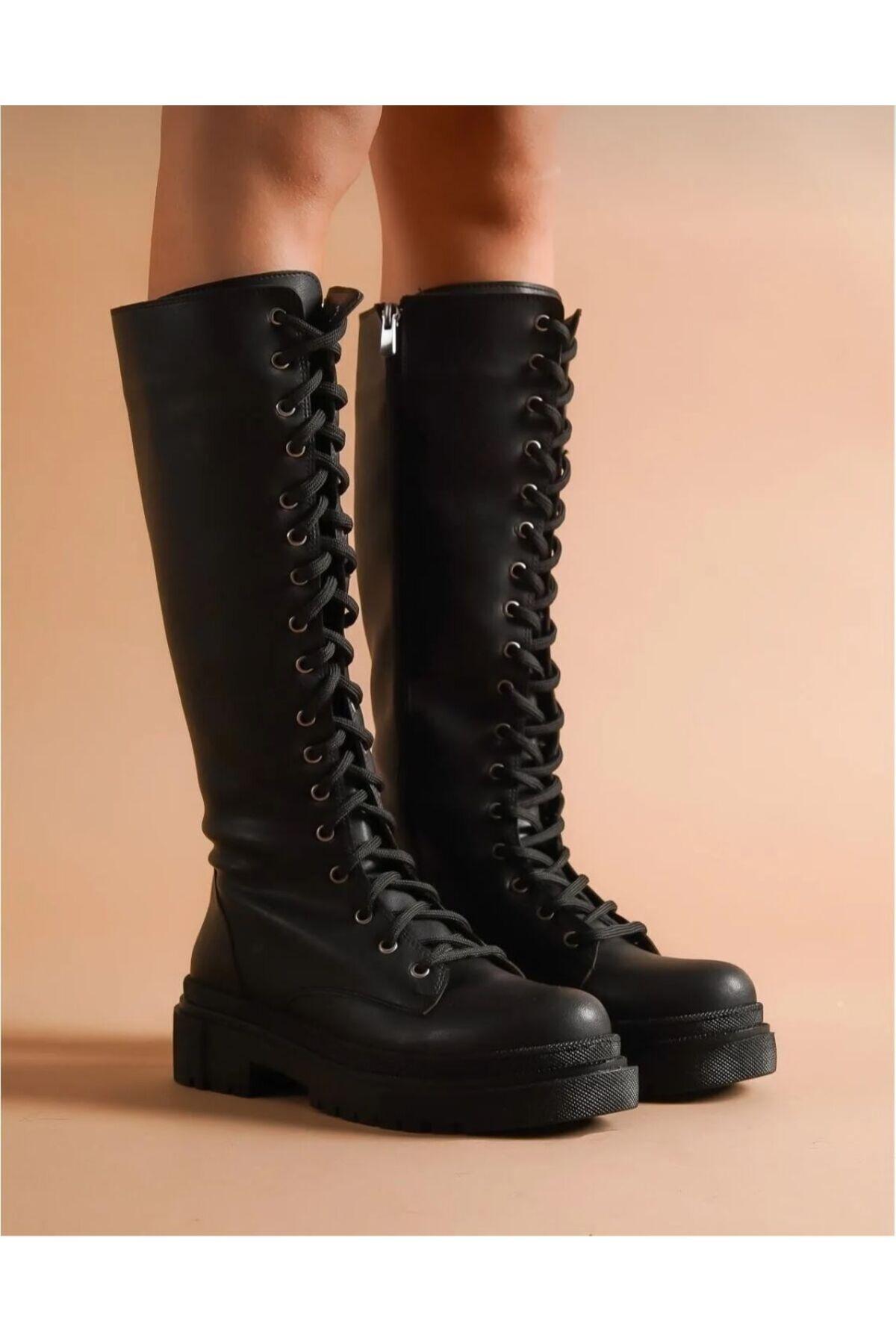 

Женские модные черные ботинки ниже колена на шнуровке и боковой молнии