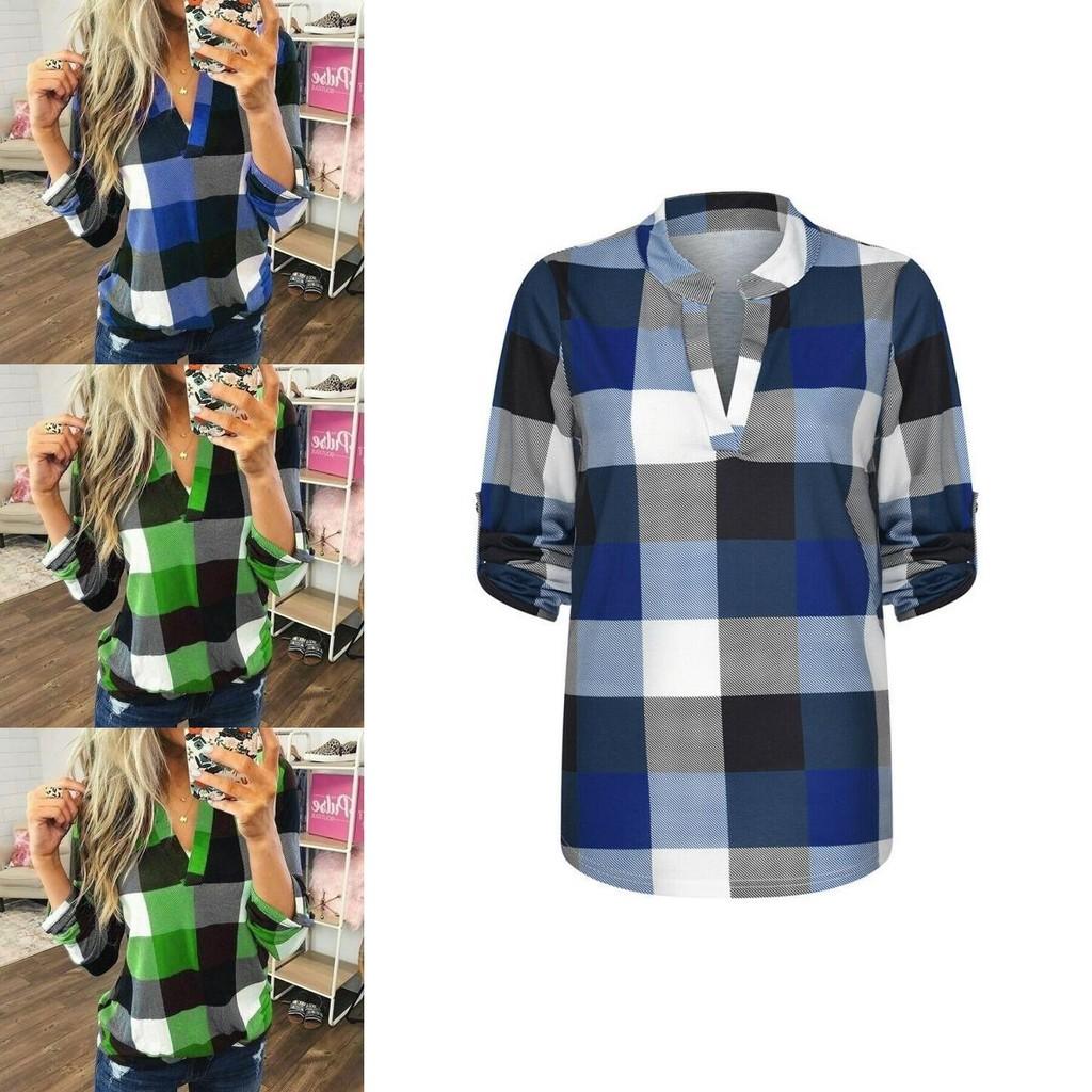 Stylish S-5xl Women's Long Sleeve Plaid T-shirt Blouse With V-neck Design