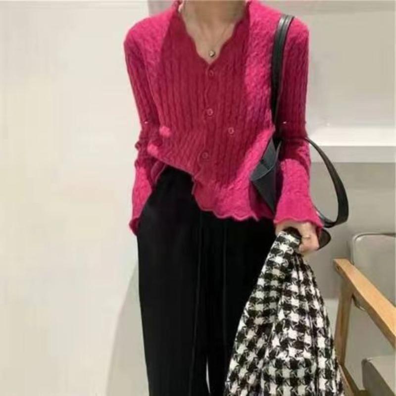 

Корейский свитер с v-образным вырезом из жареного теста, вязаный трикотаж с волнистыми краями, женский осенний верхний пальто, женский кардиган-свитер One Size фуксия