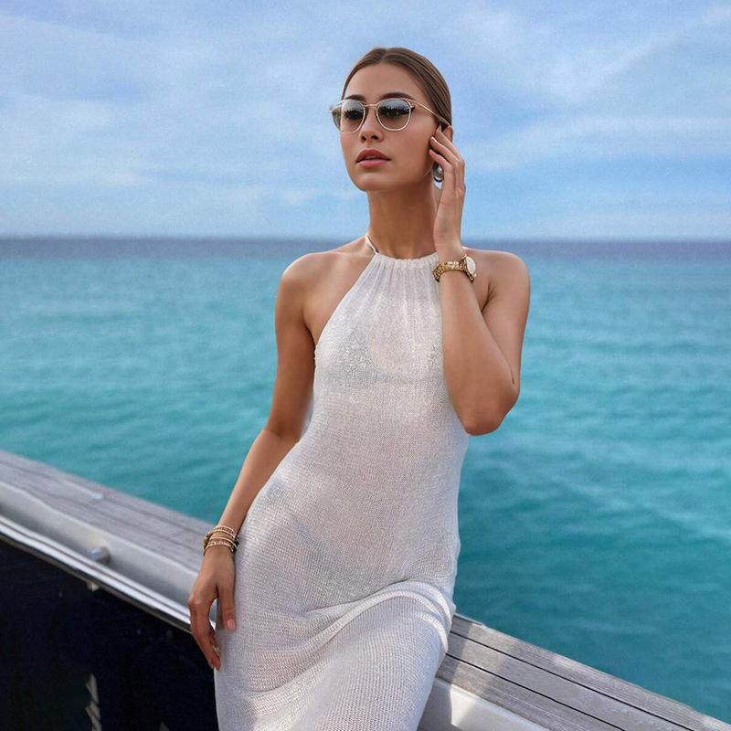 

2025 Трикотажное пляжное сексуальное прозрачное облегающее платье с длинным разрезом, летняя бикини-пляжная элегантная пляжная юбка с халтер-воротником S белый