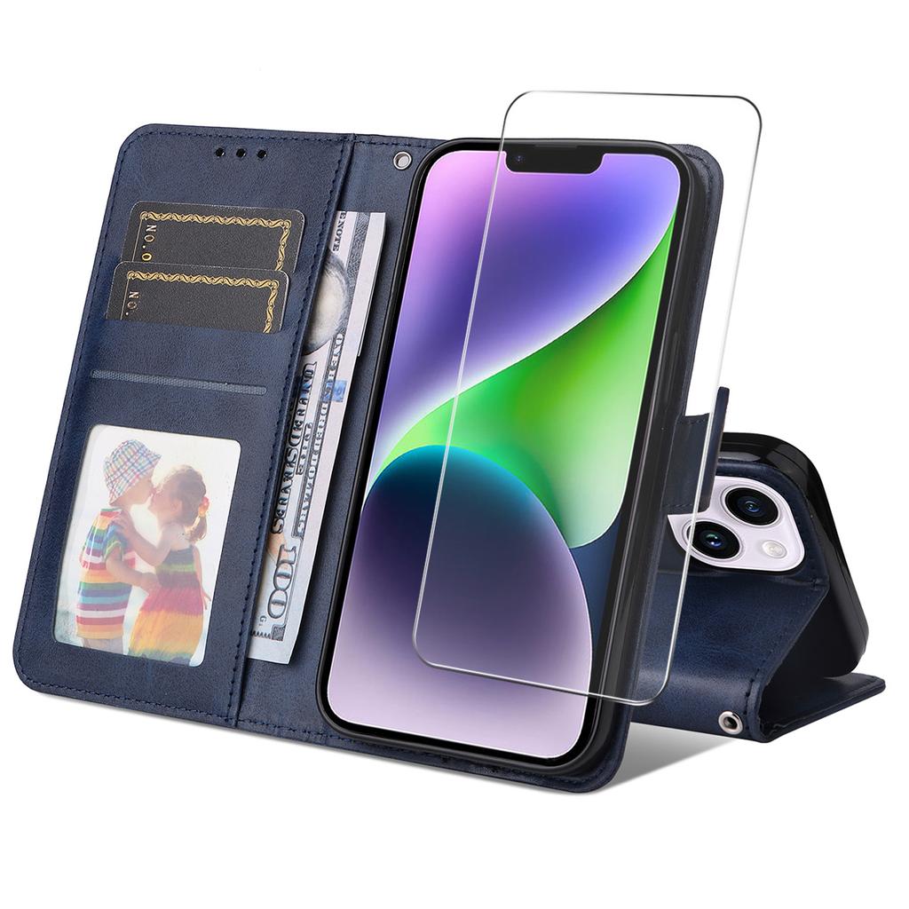 For iPhone 15 PU Leather Wallet Case Phone Stand Cover with Tempered Glass