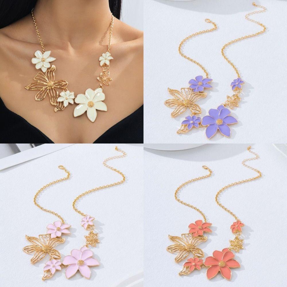 Drip Oil Trendy Floral Necklace Vintage Women Pendant Necklace Flower Collarbone Chain  Daily Wear