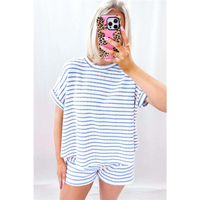 Women's 2Pcs Striped Pajama Set Short Sleeve T-Shirt + Drawstring Shorts Casual Loungewear For Summer Loose Fit Homewear