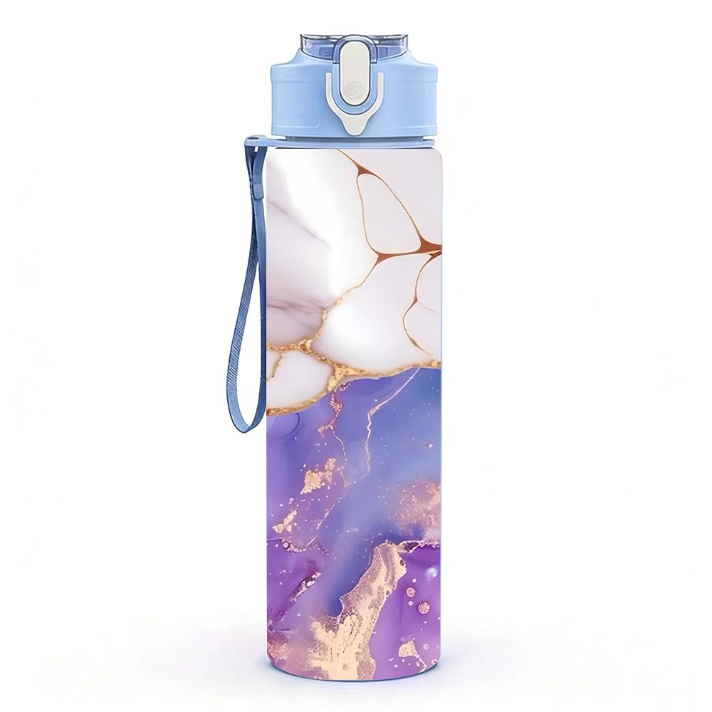 1PC Purple Gold Ink Marble Pattern 750ml Color Plastic Sports Water Bottle Leakproof Flip Straw Lid Suitable for Sports Office Home Use