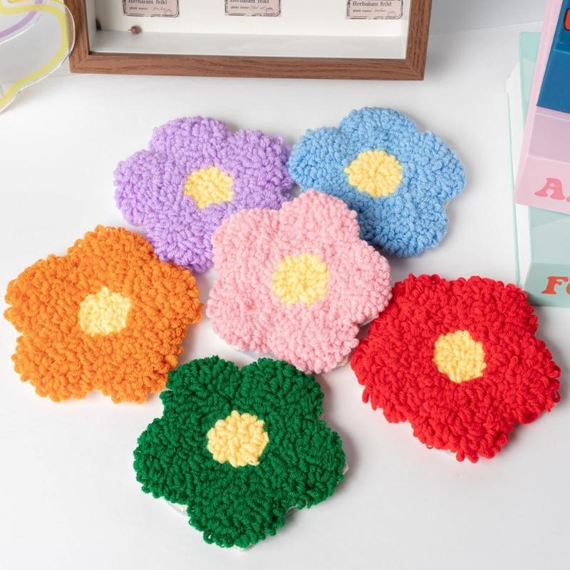 Punch Needle Embroidery Set With 6 Florals Coasters Pattern and Reusable Tool for Child Adults