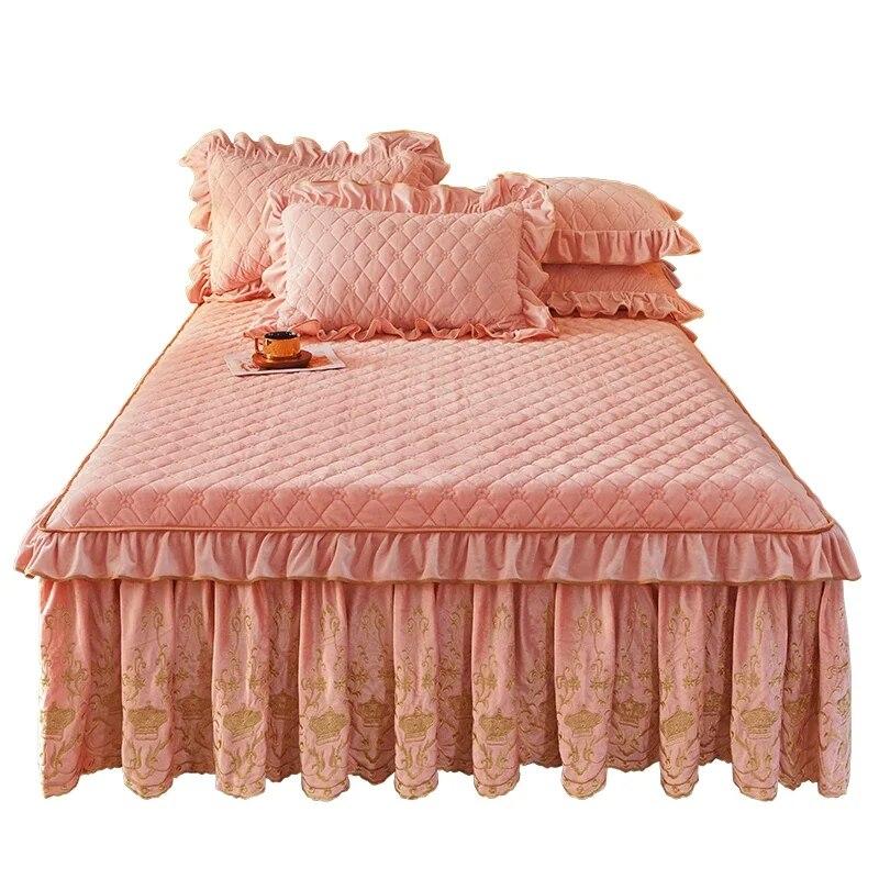 Colcha de cama de veludo europeia king size queen conjunto de luxo bordado saia de cama macia com 2 fronhas dropshipping
