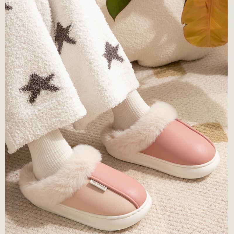 Winter Warme Zuhause Pelz Damen Hausschuhe Luxus Wasserdicht PU Leder Plüsch Paar Baumwollschuhe Indoor Schlafzimmer Flache Absätze Flauschiger Slipper
