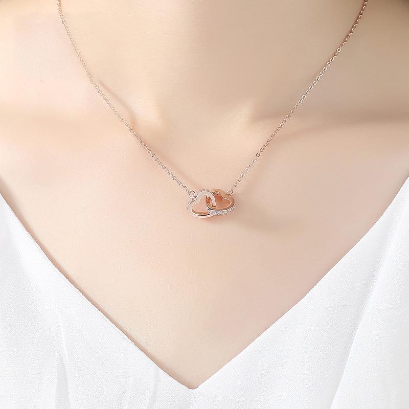 S925 Sterling Silver Heart-to-Heart Rose Gold Necklace with Simple Pendant - Fashionable Japanese and Korean Style Clavicle Sweater Chain