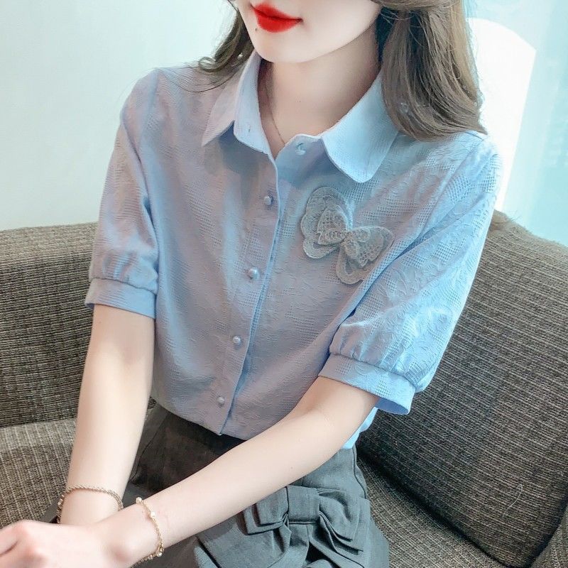 Summer New Style Jacquard Embroidery Casual Fashion Versatile Women's Short Sleeve Shirt