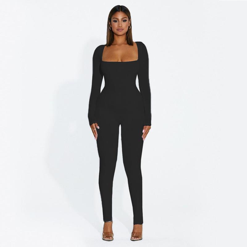 European and American Spring and Autumn Women's Long Sleeved Square Neck Slim Fit Solid Color Base and Hip Lifting Jumpsuit