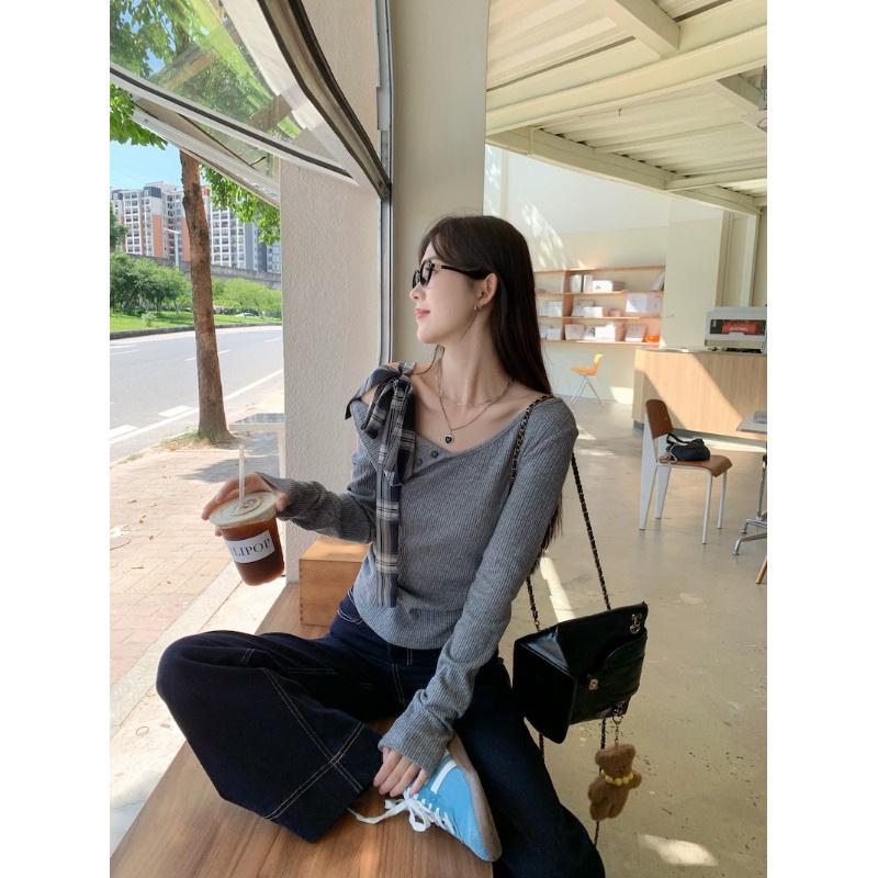 Chic Korean Grey One-Shoulder Bow T-shirt for Women - Sweet and Spicy Spring/Autumn Style