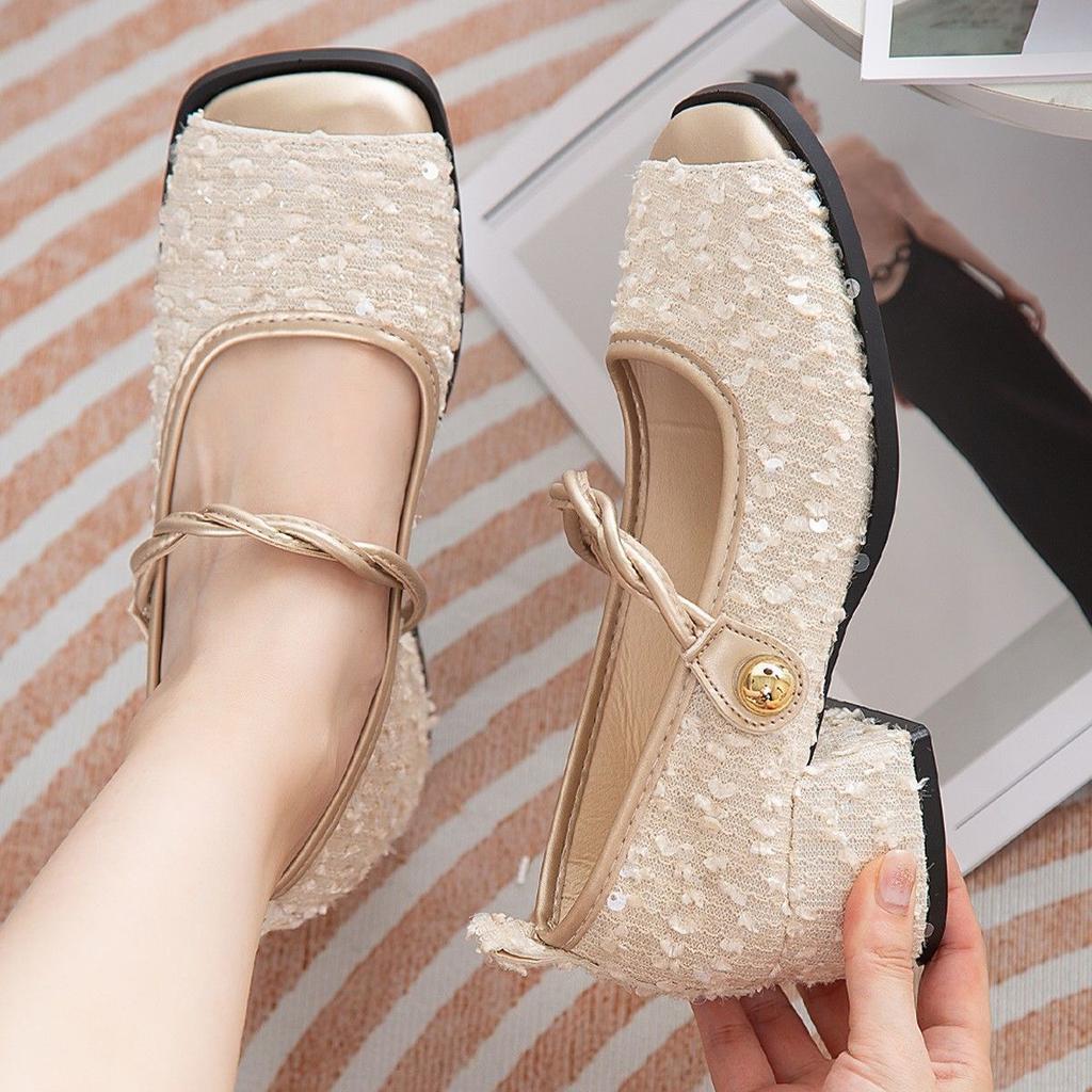 2025 spring and summer new French small fragrant Mary Jane shoes women's shoes with skirts thick heels evening shoes light mouth single shoes
