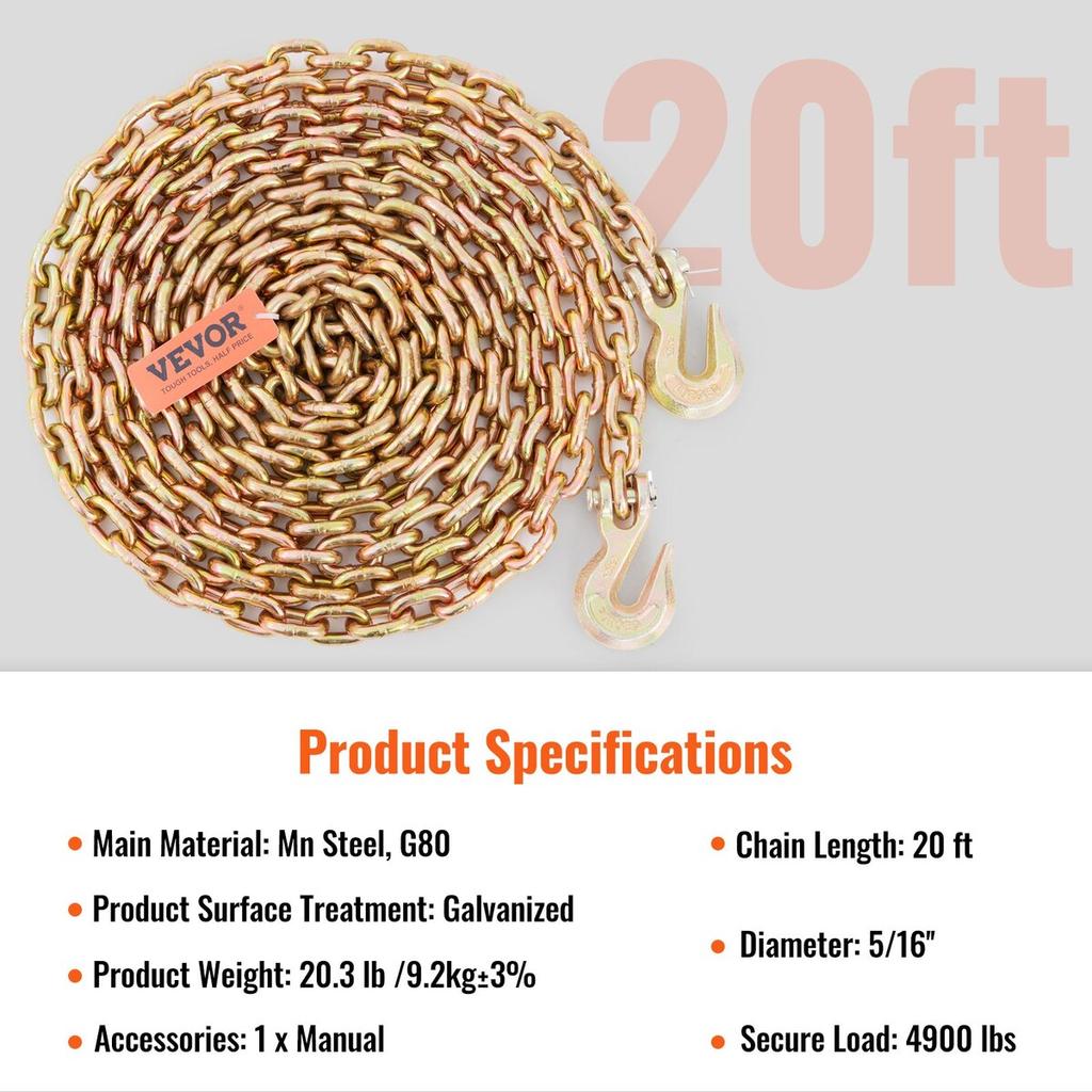 Transport Binder Chain, 4900 Lbs Working Load Limit, 5/16'' X 20' G80 Tow Chain Tie Down with Grab Hooks, DOT Certified, Galvanized Coating Manganese