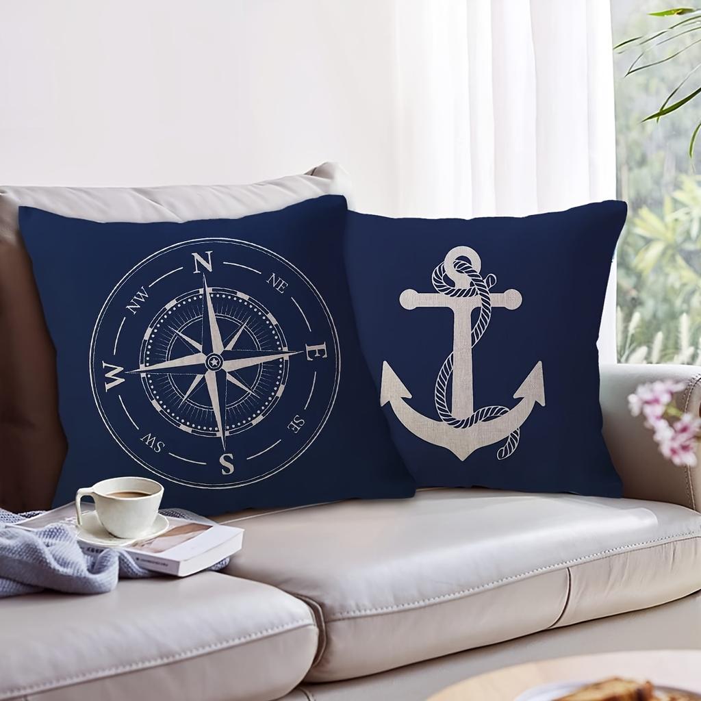 1/4 Stück Marineblaue Kissenbezüge mit Meeresmotiv und Designs von Steuerrad, Kompass, Anker und Segelboot Sofakissenbezug Heimdekoration