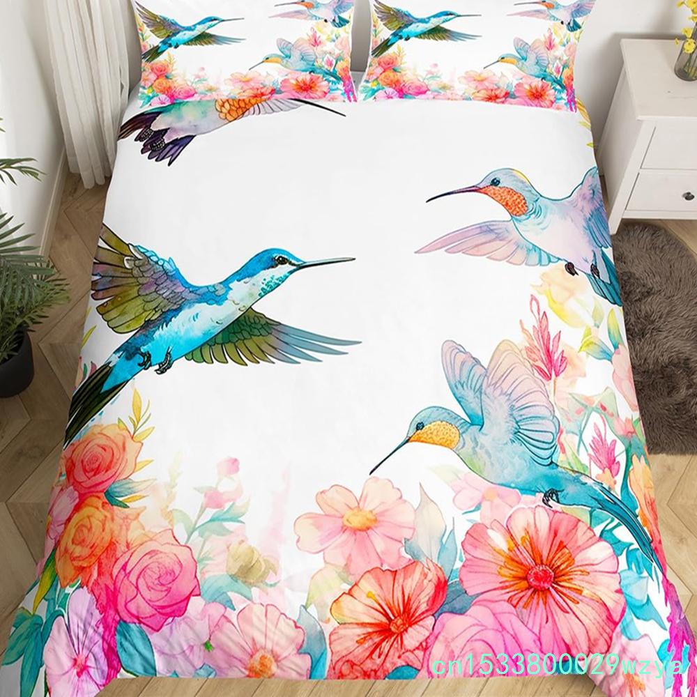 Copripiumino Floreale Colibrì Set Biancheria da Letto Uccelli Blu Verde Primavera Animali Selvatici Coperta Trapuntata Botanica Coperta Trapunta in Poliestere