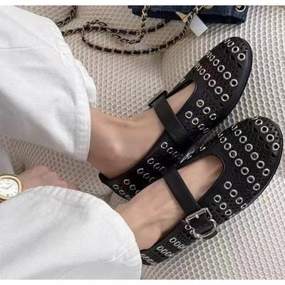 Scarpa Bassa da Donna con Cinturino con Fibbia e Decorazione in Metallo Punta Rotonda Nuovo Design Scarpe da Ballo da Donna Fatte a Mano Moda Zapatos Mujer