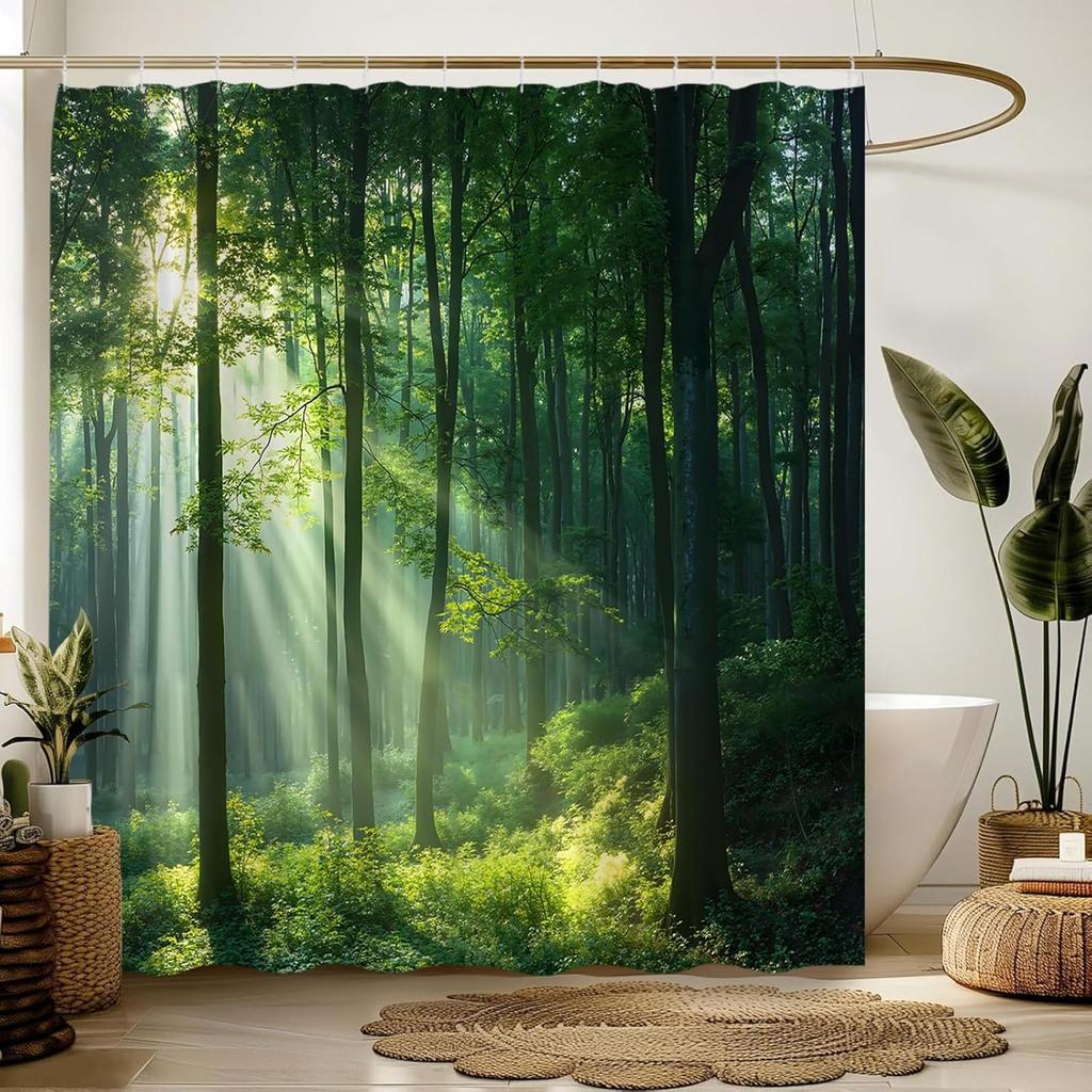 Green Forest Shower Curtain Nature Tree Plant Summer Sunset Sunshine Rustic Scenery Landscape Fabric Bathroom Decor Sets with