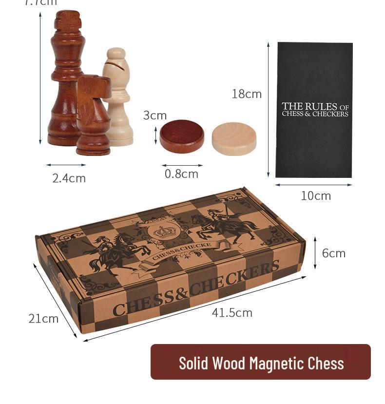 2-in-1 Wooden Folding Magnetic Chess & Checkers Board Game - Portable Tabletop Puzzle Toy