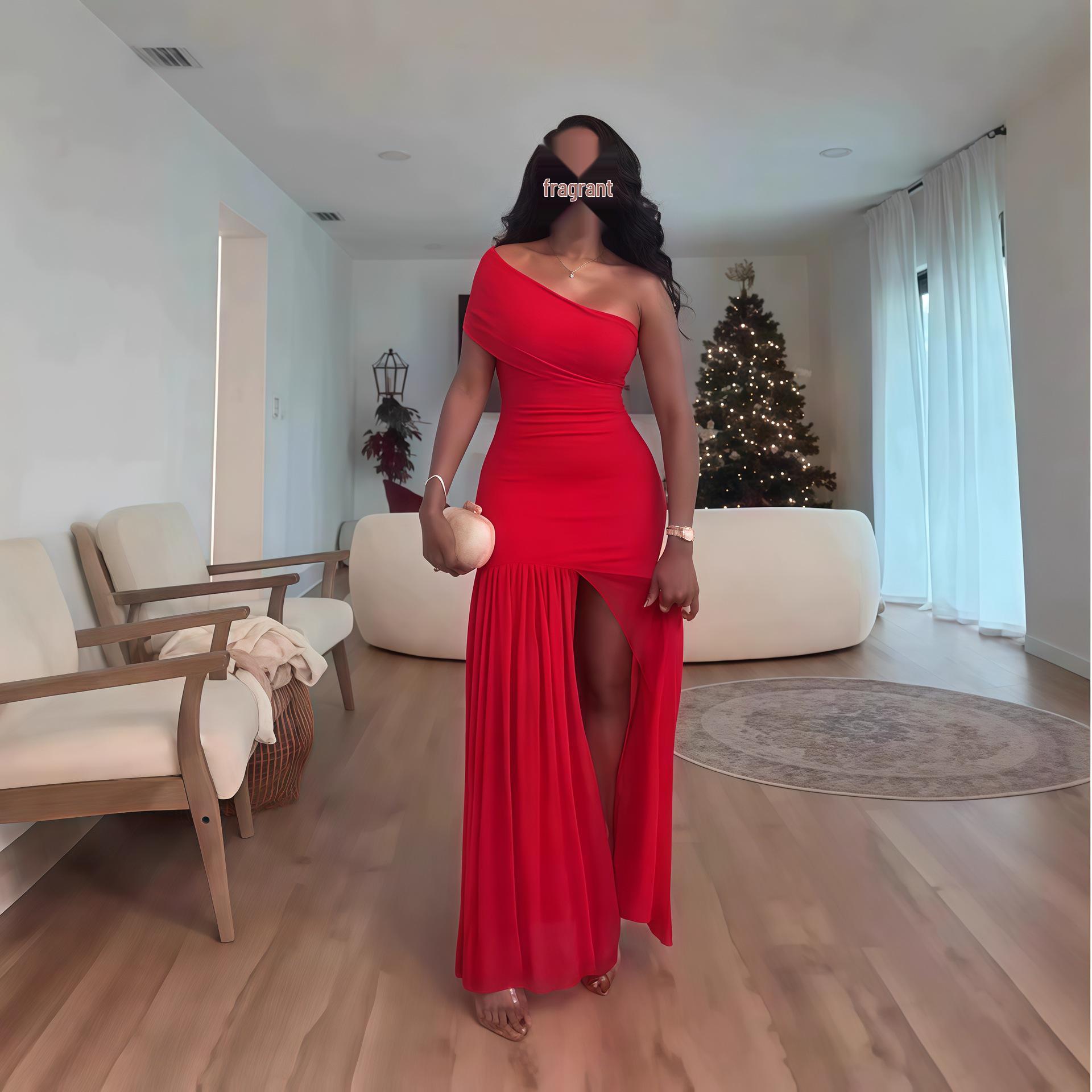 

Женское весеннее макси-платье без рукавов с асимметричным вырезом, плиссированное, облегающее, с разрезом, однотонное XL красный