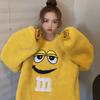 Women's Fleece Hoodie Winter Korean Loose Oversized Lazy BF Style Cartoon M Face Embroidery Thick Warm Lamb Fleece Round Neck Sweatshirt Coat