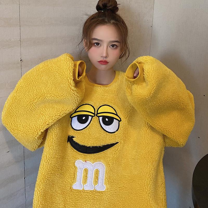 Women's Fleece Hoodie Winter Korean Loose Oversized Lazy BF Style Cartoon M Face Embroidery Thick Warm Lamb Fleece Round Neck Sweatshirt Coat