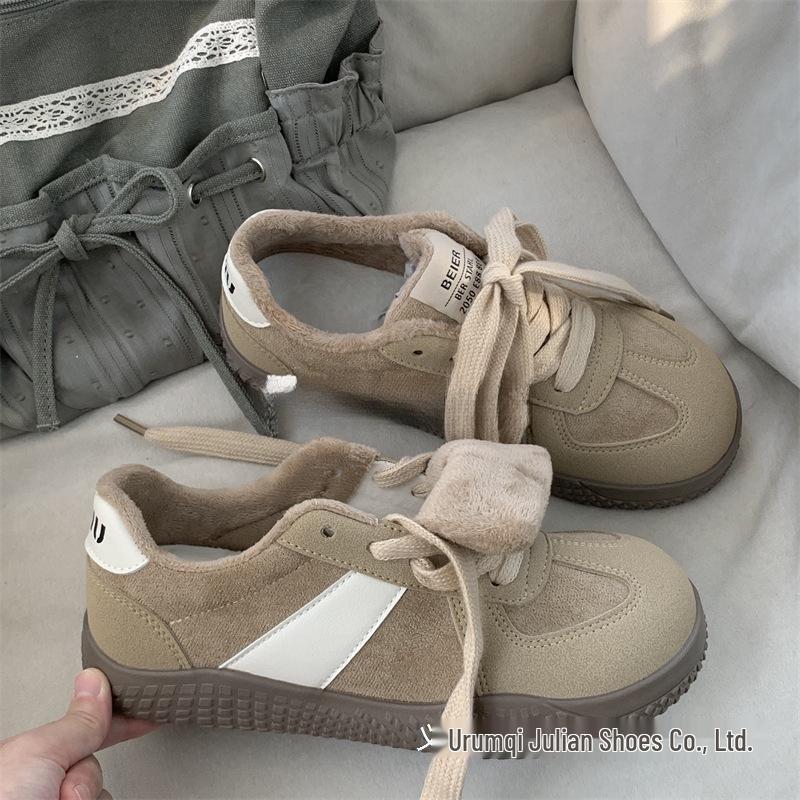 Jesień/Zima 2024 Retro Ciepłe Bawełniane Okrągły Nosek Wyściełane Futerkiem Buty Deskorolkowe Codzienne Niemieckie Trenery Buty Zimowe dla Kobiet i Mężczyzn