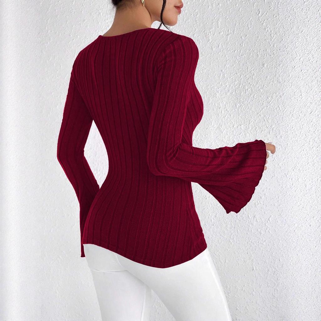 Women's Fall and Winter Long-Sleeved Tops, V-Neck Sexy Slim Striped Women's Tops, Long-Sleeved T-Shirt Knitted Bottoming Shirt