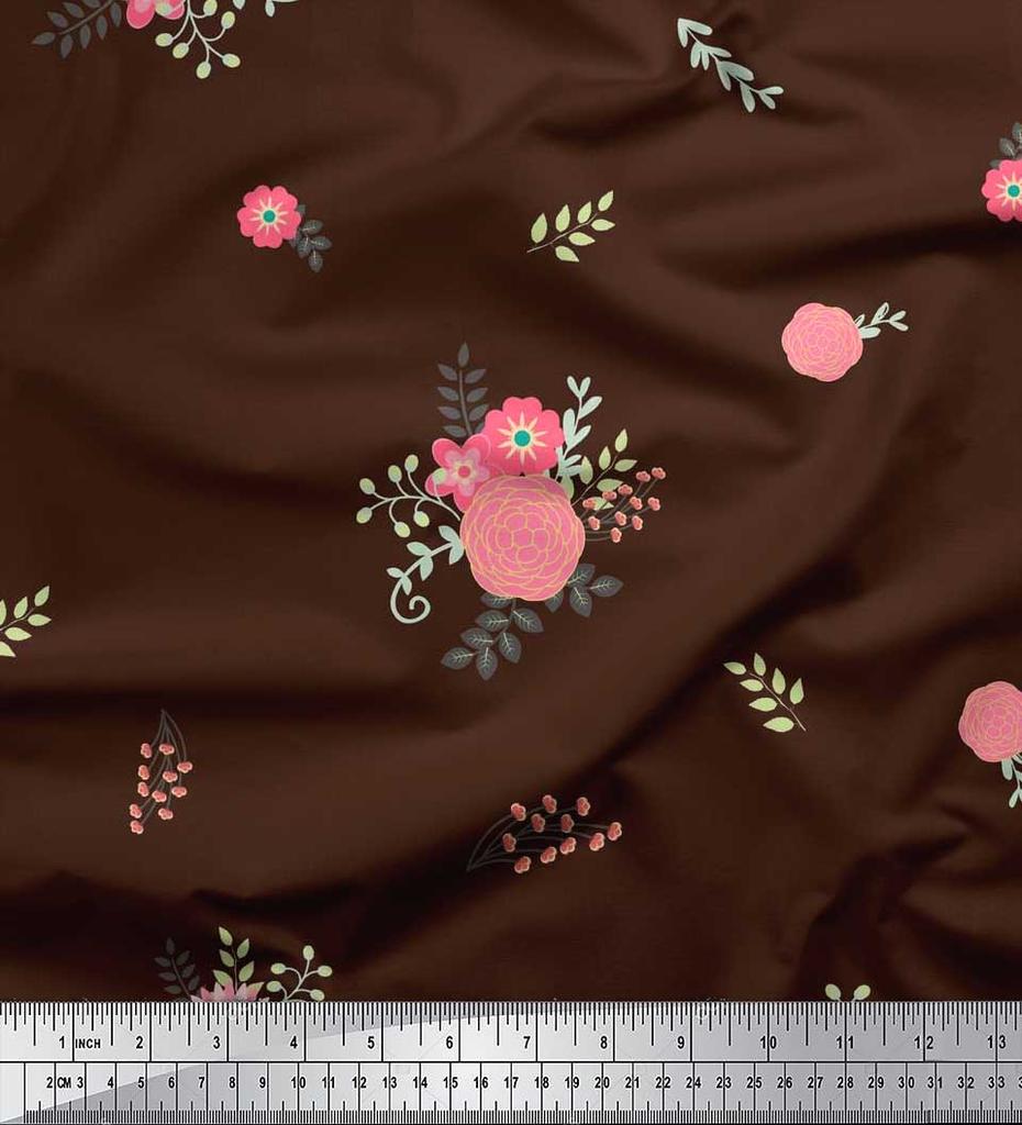 Soimoi Japan Crepe Satin Fabric Leaves,Aster & Camellia Flower Printed Craft Fabric by the Metre 42 Inch