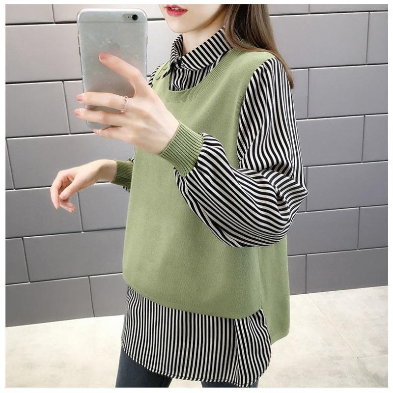 Korean Fashion Fake Two Pieces Blouse Women Casual O-neck Long Sleeve Patchwork Tops