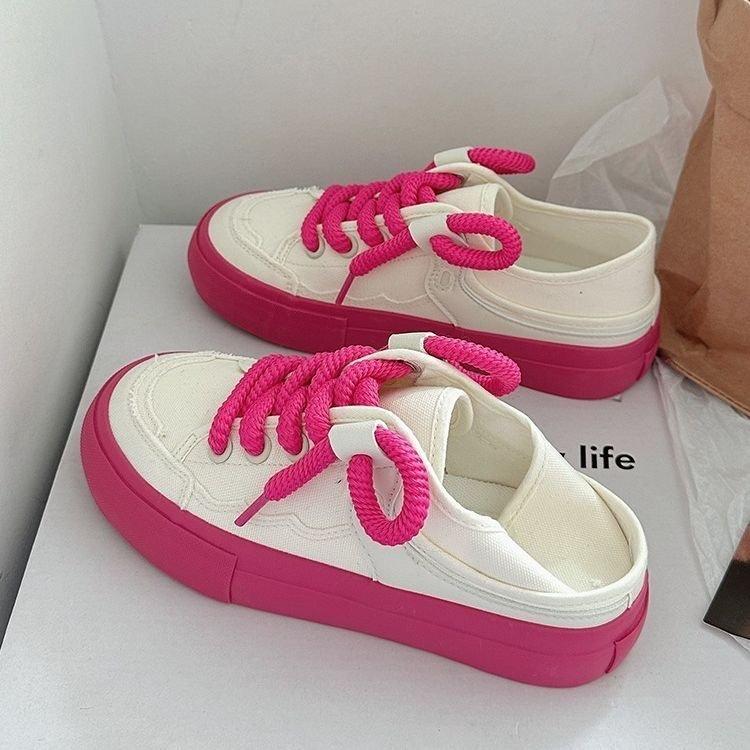 The heel can be stepped on half-towed canvas shoes for women's 2025 spring new niche original versatile little white shoes with skirts for women'