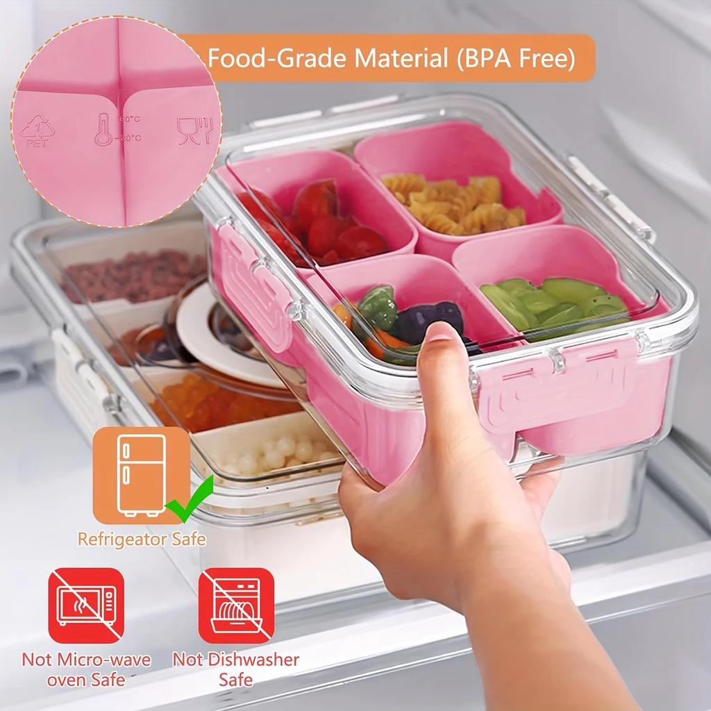 Snackle Box Container Lid with 4 Compartment with Lid Portable Divided Serving Tray for Parties Sweets Vegetables Biscuits Nuts