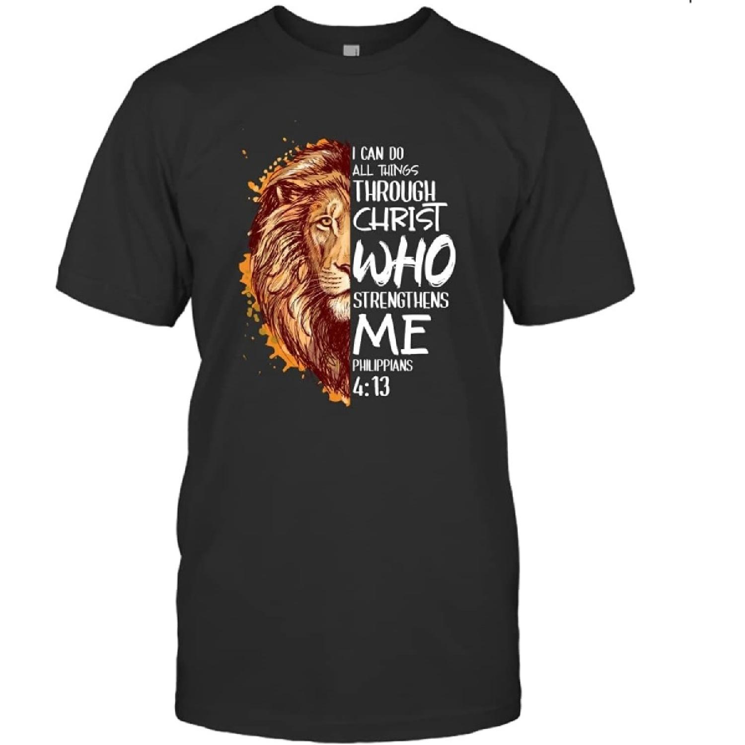 Филиппийцам 4 13 Христианский стих Подарки Мужчины Религиозный Лев Футболка Футболка (черный;XL) S