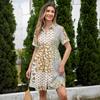Women’s Casual Loose Fit Shirt Dress with Button Front Stand Collar Short Sleeve Patchwork Print Lightweight Design