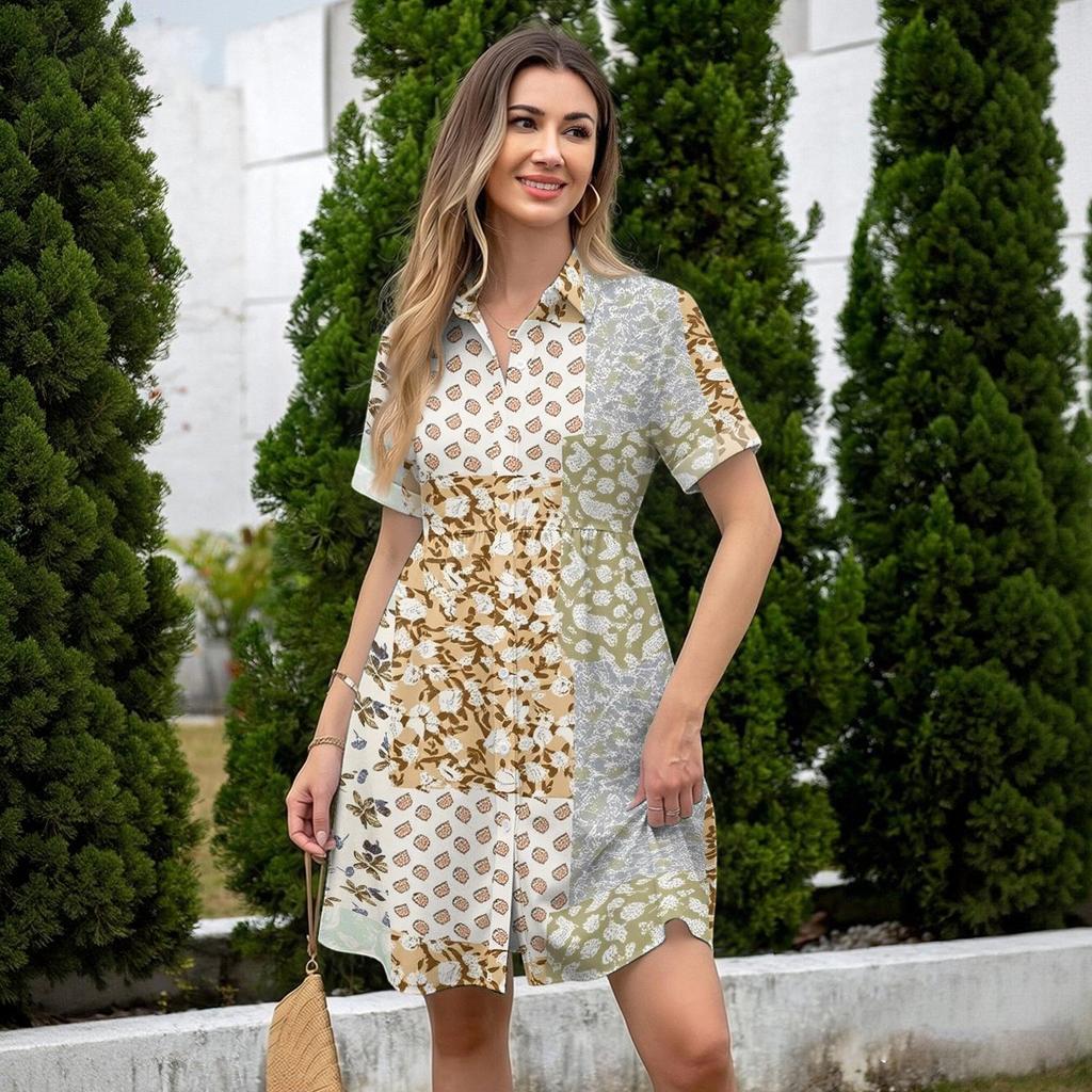 Women’s Casual Loose Fit Shirt Dress with Button Front Stand Collar Short Sleeve Patchwork Print Lightweight Design