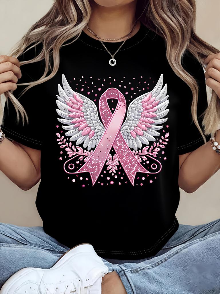 Breast Cancer Awareness Print Short Sleeve Regular Fit Crew Neck TShirt for Women Summer Outdoor Casual Wear Breathable Fabric