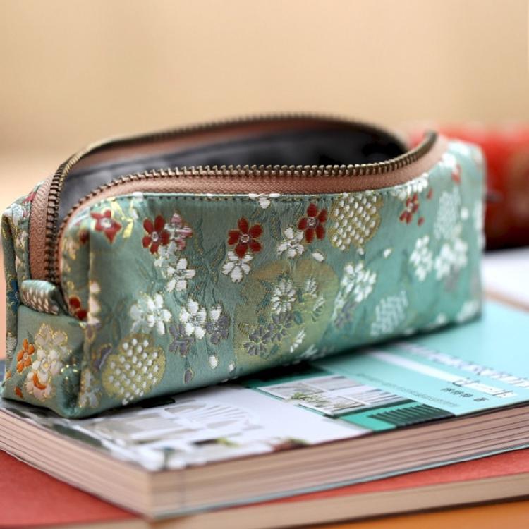 Flower Embroidered Pen Pouches Large Capacity Cotton Linen Pencil Case Zippered Closure for School Office Accessory