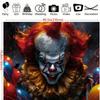 Un telo di sfondo in poliestere piatto 2D per Halloween con un pattern da clown terrificante e malvagio, adatto per Halloween