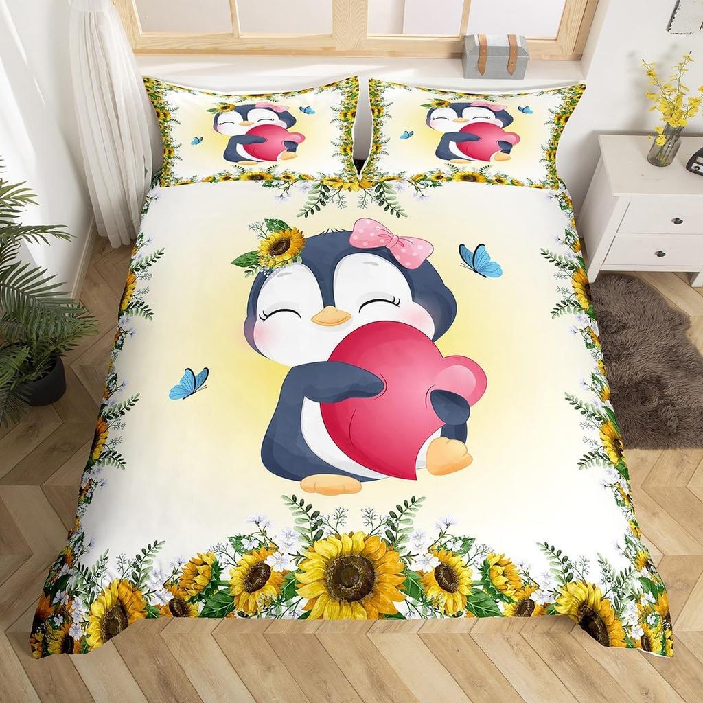 Cartoon Penguin Bedding Set Full King for Girls Boys Kids Room Dorm Funny Animal Printed Comforter Cover Penguins Bedding Set