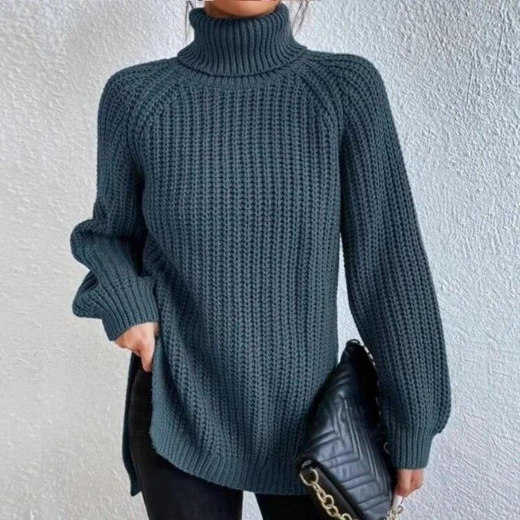 Soft Warm Knitwear Turtleneck Split Sweater Solid Mid Length Pullover Long Sleeve Raglan Casual Fashion Autumn Winter