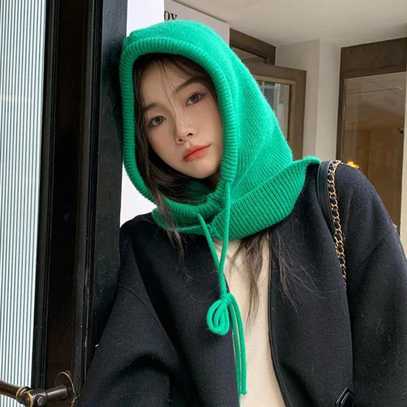 Gestrickte Kapuzenmützen Winter Sturmhaube Hüte Frauen Koreanischen Stil Outdoor Wärmer Kordelzug Hüte Einteiliges Neck Collar Beanie Cap