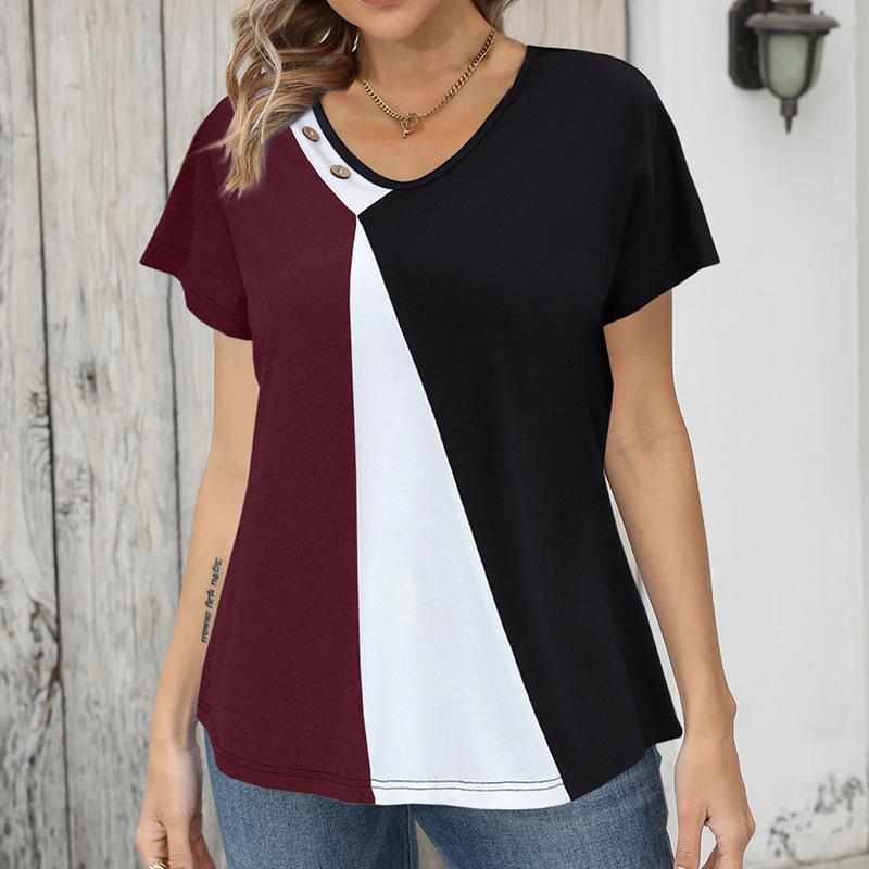 Women Color Block Print Loose Short Sleeve Casual Button T Shirt