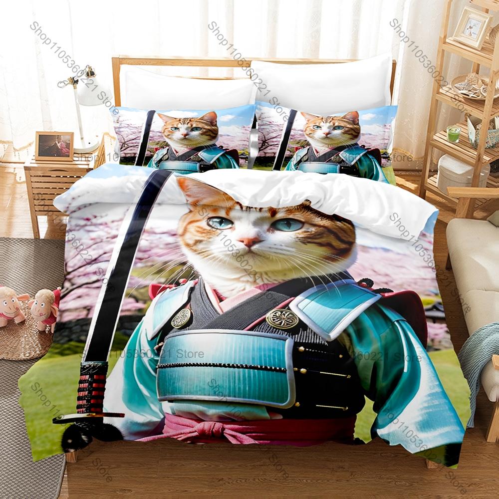 Samurai Cat 3PCS Bedding Set Cool Warrior Cat Print Soft Microfiber Duvet Cover Pillowcase Home Decor