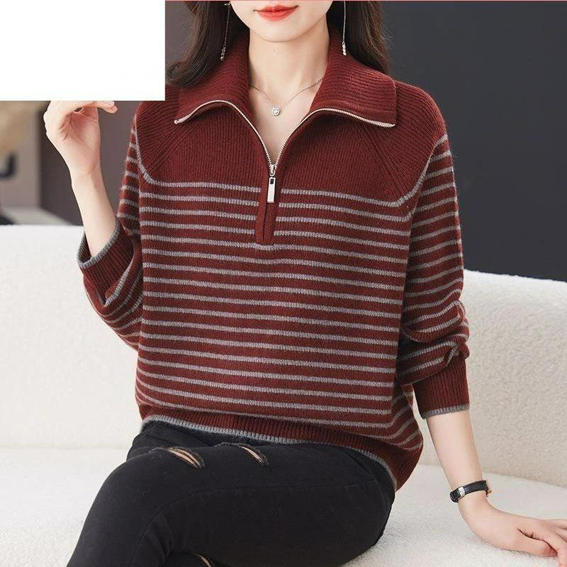 Women's loose striped spring and autumn bottoming sweater top