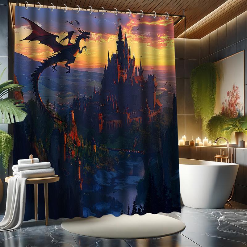 Castle Evil Dragon Shower Curtain Set - Flying to the Castle,  Polyester Fabric, Bathtub Partition, Modern Bath Decor