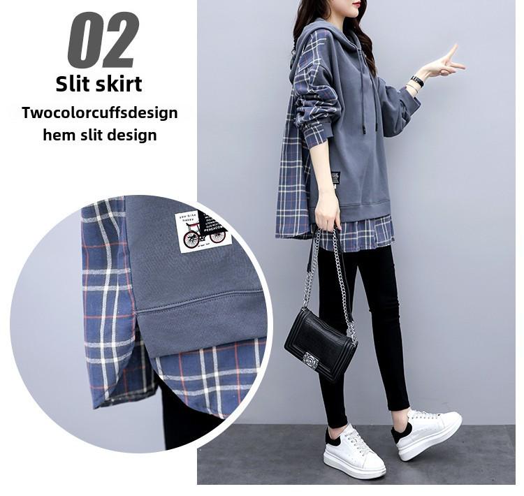 Cotton Hooded Sweatshirt for Women - Fake Two-Piece, Korean Style, Loose Fit, New 2022 Spring & Autumn Trend
